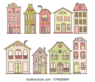 Set of doodle cute houses. Cozy cartoon hand drawn buildings in retro pastel colors