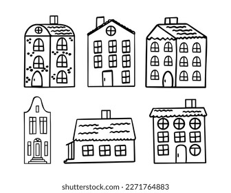 Set of doodle cute houses.  Suitable for print, postcard, sketchbook cover, poster, stickers, your design. Black outlines. Vector illustration