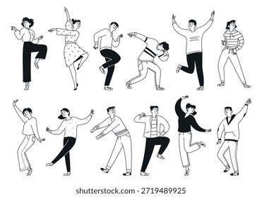 Conjunto de personas bailando doodle, hombres y mujeres. Una colección de hombres saltando felices realizando movimientos de baile. Esquema, línea delgada. Ilustración lineal de Vector