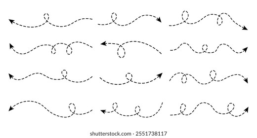 Conjunto de ícones de setas de linhas tracejadas com doodle