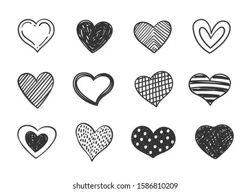 Set of doodle decorated heart shaped symbols. Collection of different hand drawn romantic hearts for web site, sticker, label, love logo and Valentines day design.