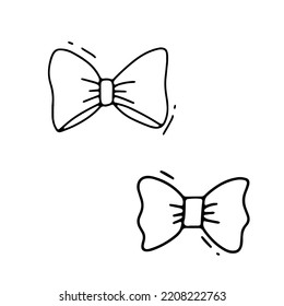 Set of doodle decorative bows. Outline funny sketch isolated on white background