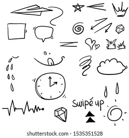 set of doodle design elements. Arrow, heart, love, speech bubble, star, leaf, sun,crown, king, queen,Swishes, swoops, emphasis ,swirl, heart,gem cartoon style