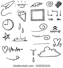 set of doodle design elements. Arrow, heart, love, speech bubble, star, leaf, sun,crown, king, queen,Swishes, swoops, emphasis ,swirl, heart,gem cartoon style