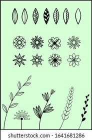 Set of doodle design elements. Collection of hand drawn floral elements, leaves, flowers and plants. Decoration elements for design textiles, invitation, wedding / valentines day / greeting cards