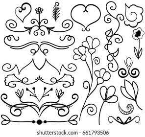 Set of doodle design elements, decorative floral and text dividers