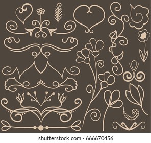 Set of doodle design elements, decorative floral and text dividers