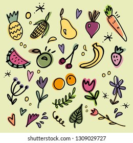 Set of doodle design elements. Fruits, vegetables  and floral.