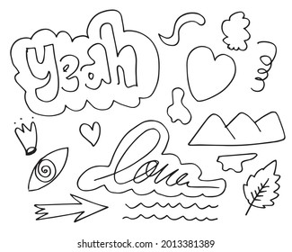set of doodle design elements isolated on a white background for design concepts like heart, mountains, leaf, swirl,eye and others.