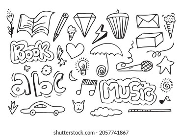 set of doodle design elements isolated on a white background for design concepts like flowers, music, car, book, thunderbolt, heart and others.