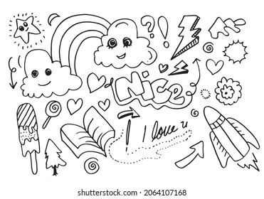set of doodle design elements isolated on a white background for design concepts like flowers, cloud,star,thunderbolt,rocket, book,heart,ice cream, arrows and others.