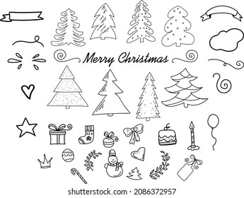 Set of doodle design elements Marry Christmas. 
Hand drawn Christmas trees and Christmas design vector set.