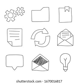 Set of doodle design elements. Objects and symbols on the business, social, technology theme. Hand-drawn elements isolated on white background.