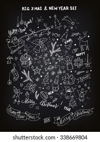 Set of doodle design elements on the blackboard for Christmas and New Year, vector illustration