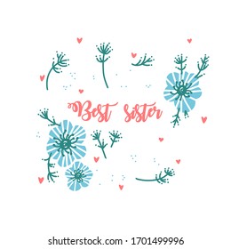 Set of doodle design elements. Scandinavian, nordic pattern. Hand drawn decoration collection. Vector image, clipart, editable details. Boho frame, text template. Best sister