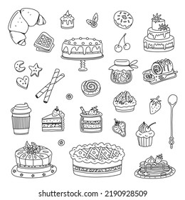 Set of doodle desserts and sweets. Vector outline drawing elements.