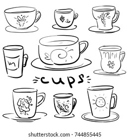 Set of doodle different cups and mugs - Sketch, decor icons, signs, design elements