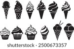 set of doodle with different ice cream types: ice cream waffle cone, cup ice cream