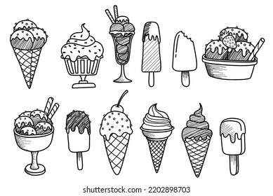 set of doodle with different ice cream types: ice cream waffle cone, cup ice cream, popsicle, sundae. 