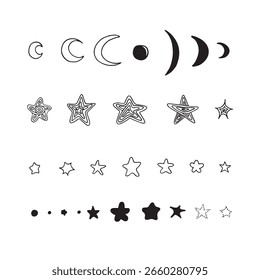 Conjunto de rabiscar estrelas diferentes. Elemento de linha desenhado à mão