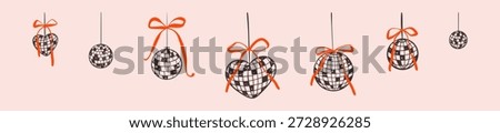 Set of doodle disco ball with coquette whimsical bows drawing. Night club dancing concept. Bachelorette party, girly birthday, casino decoration. Heart shape glitter mirror ball hand drawn line art