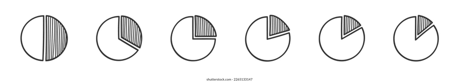 Conjunto de cartones o gráficos circulares. Gráficos dibujados a mano con fragmentos separados. Diagramas de boceto gráfico de estadísticas. Formas redondeadas con rodajas rayadas. Ilustración gráfica del vector