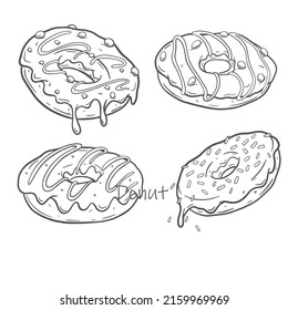 El conjunto de doodle no es la línea negra. La página de color anti estrés esbozada no está configurada. Página del libro de colorear para adultos y niños. Coloca el conjunto de donuts. Colores de páginas para niños de preescolar.