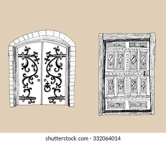 Set of doodle doors, vector EPS 8. Sketch illustration.