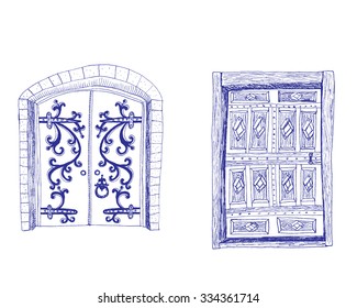Set of doodle doors, vector EPS 8. Sketch illustration.