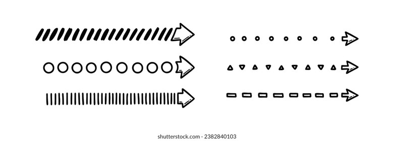 Set of doodle dot, dash, circle direct narrow arrow. Sketchy scribble line. Digital design element. Hand drawn click vector illustration
