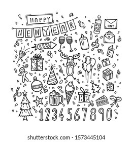 Set of doodle draw by hand is new year decoration. Vector illustration.