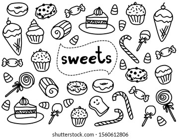 A set of doodle drawing desert floating around word Sweets at the center. It’s outline black and white isolated on white background.