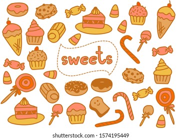 A set of doodle drawing desert floating around word SWEETS at the center. It’s cute drawing in vintage color style isolated on white background.