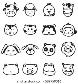 set of doodle drawing outline animal face vector on white background