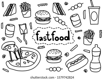 A set of doodle drawing style of fast food icon that floating around the word FASTFOOD at the center. They’re isolated on white background.