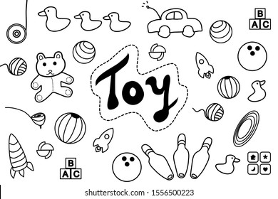 A set of doodle drawing toys floating around word TOY at the center. It’s outline black and white isolated on white background.