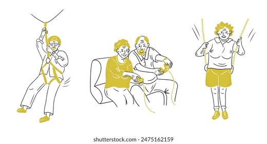Conjunto de dibujos de garabatos con personas mayores activas. Video Jugar Ilustración de garabato de contraste aislado sobre fondo blanco. Dibujo del contorno del Vector para el logotipo, etiqueta engomada