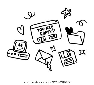 A set of doodle drawings by hand. Sketches of elements of the 90s. y2k, desktop, computer, windows.