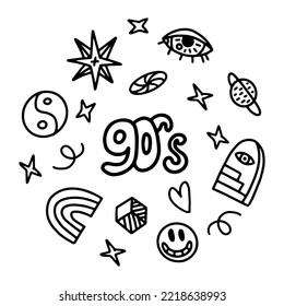 A set of doodle drawings by hand. Black and white elements in the style of the 90s. Sketch 1990, smile, rainbow, eye