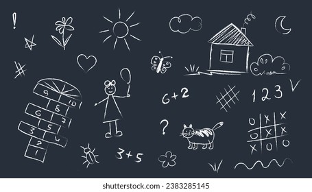 conjunto de dibujos de doodle dibujados mano del niño con asfalto de tiza o en la pizarra de la escuela. Hopscotch, tic-tac-toe, chica, casa, flores, sol, luna, mariposa, íconos. Líneas blancas en el fondo oscuro