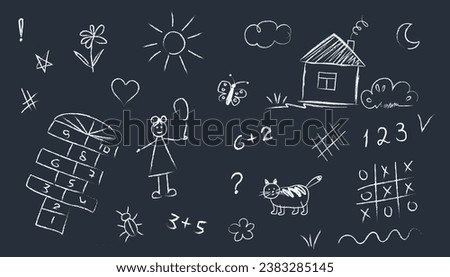 set of doodle drawings drawn child’s hand with chalk asphalt or on school blackboard. Hopscotch, tic-tac-toe, girl, house, flowers, sun, moon, butterfly, icons. White lines on dark background