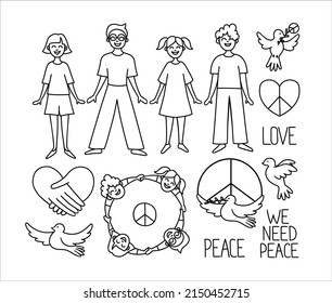 set of doodle drawings of the International Day of Peace. Friendly people holding hands , group of positive people, pigeon, contoured hand drawn men, women, children, friends, peaceful association