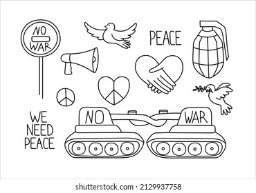  Set Of Doodle Drawings, No War, People Want Peace. Peace Symbol, Dove, Broken Tank, Weapon, Protest Contour Hand Drawn Clipart