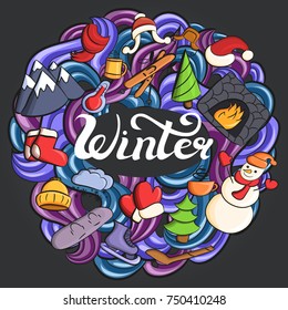 set of doodle drawings on a theme of winter with an abstract background, vector illustration