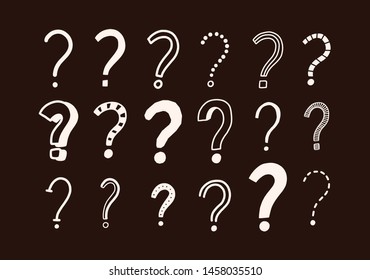 Set of doodle drawings of question marks. Collection of interrogation points hand drawn with contour lines on dark background. Brainstorm or challenge symbols. Monochrome vector illustration.