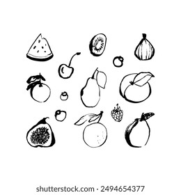 Set of doodle drawn doodle fruits, watermelon, cherry, orange, pear, peach, fig, berries and lemon. Collection organic healthy food black line on white background