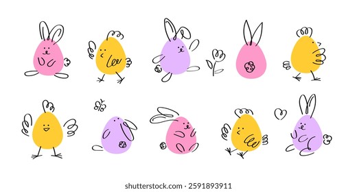 Set of doodle easter bunny and chicken in the form of eggs.Colorful collection isolated on white background.Vector illustration.