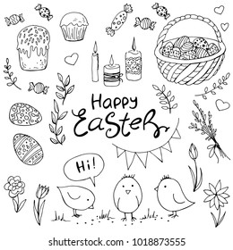 Set of doodle easter elemetns isolated on white background. Basket with colored eggs, tulips, glazed cake, candle, chick. Vector illustration. Perfect for coloring book, greeting card, print.