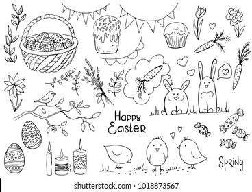 Set of doodle easter elemetns isolated on white. Basket with colored eggs, rabbit, carrots, tulips, glazed cake, candle, chick. Vector illustration. Perfect for coloring book, greeting card, print.