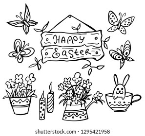 Set of doodle easter elemetns isolated on white. Rabbit in cup, flower, butterfly, candle, watering can. Vector illustration. Perfect for coloring book, greeting card, print.